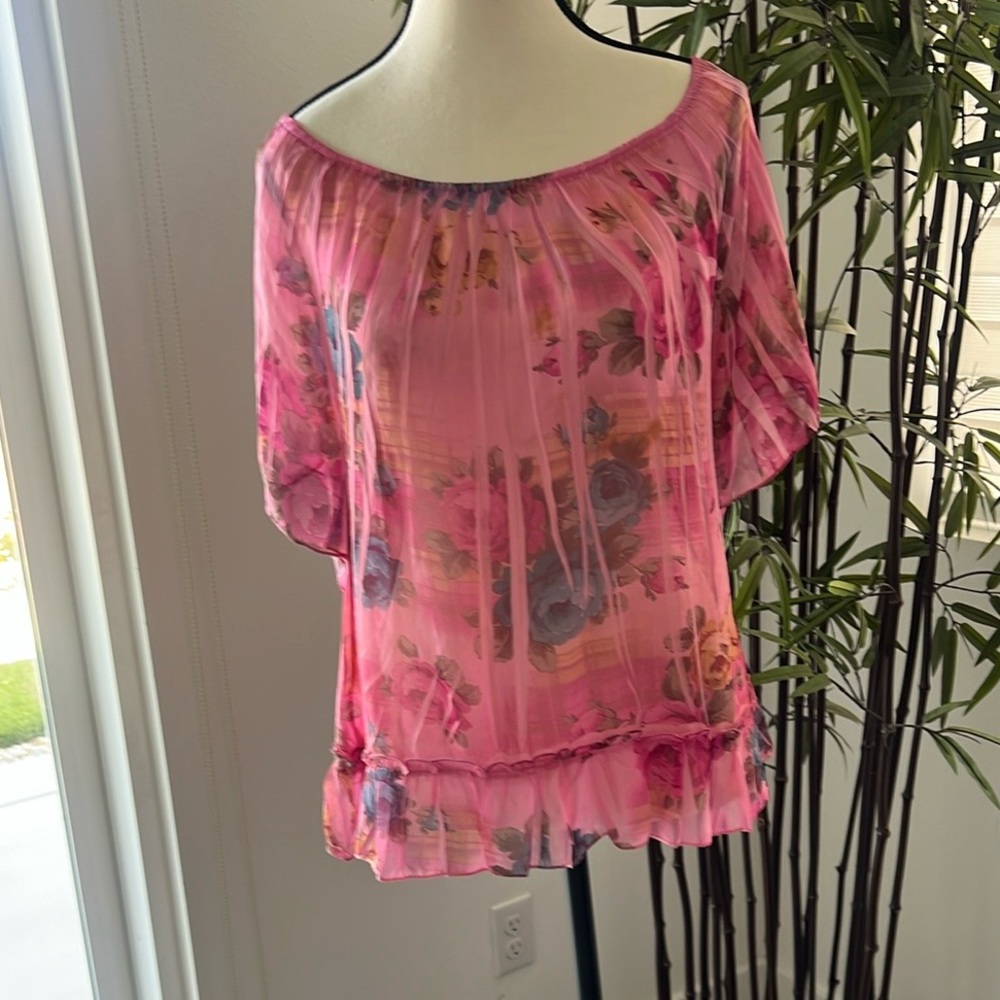 Pink and Blue, Hint of Gold Ruffled Relaxed Blouse